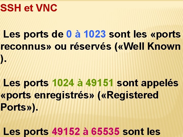 SSH et VNC Les ports de 0 à 1023 sont les «ports reconnus» ou