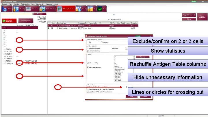 Exclude/confirm on 2 or 3 cells Show statistics Reshuffle Antigen Table columns Hide unnecessary