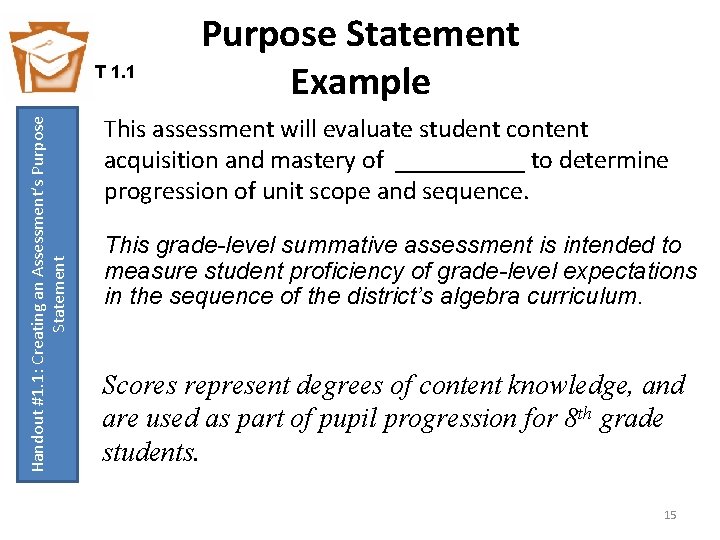 Handout #1. 1: Creating an Assessment’s Purpose Statement T 1. 1 Purpose Statement Example