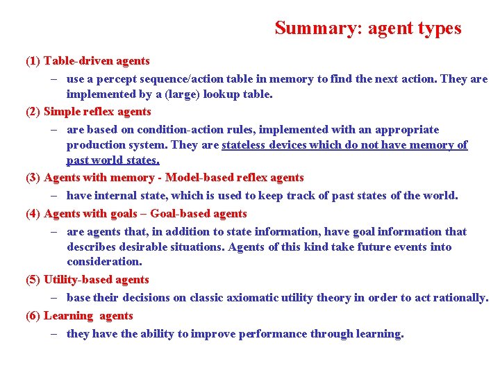 Summary: agent types (1) Table-driven agents – use a percept sequence/action table in memory