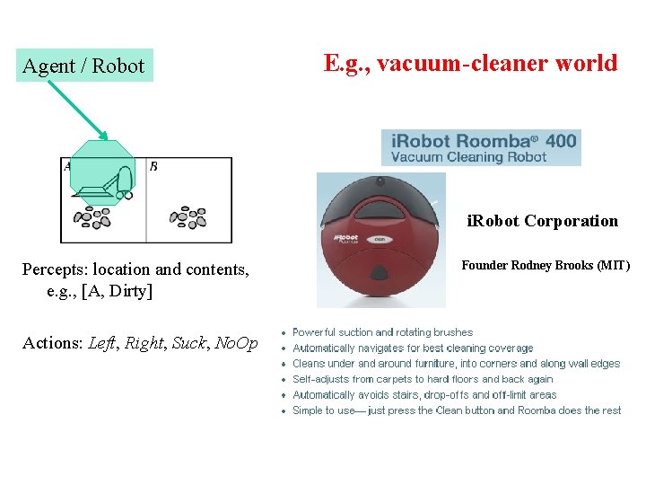 Agent / Robot E. g. , vacuum-cleaner world i. Robot Corporation Percepts: location and