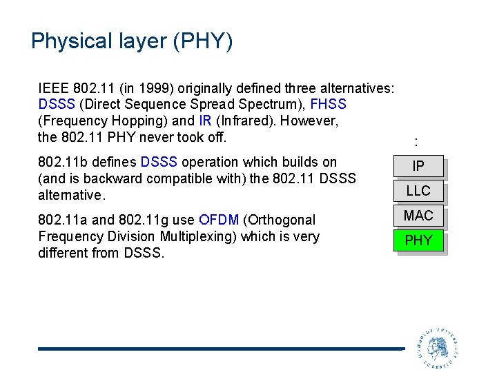Physical layer (PHY) IEEE 802. 11 (in 1999) originally defined three alternatives: DSSS (Direct