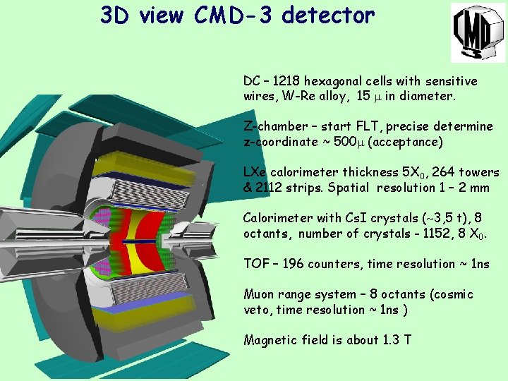 3 D view CMD-3 detector DC – 1218 hexagonal cells with sensitive wires, W-Re