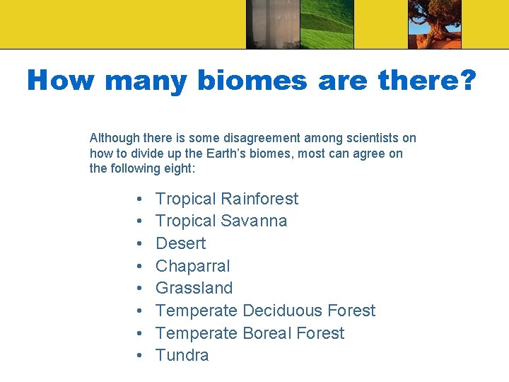 How many biomes are there? Although there is some disagreement among scientists on how