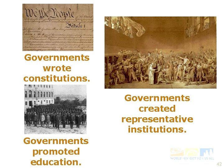 Governments wrote constitutions. Governments created representative institutions. Governments promoted education. 42 
