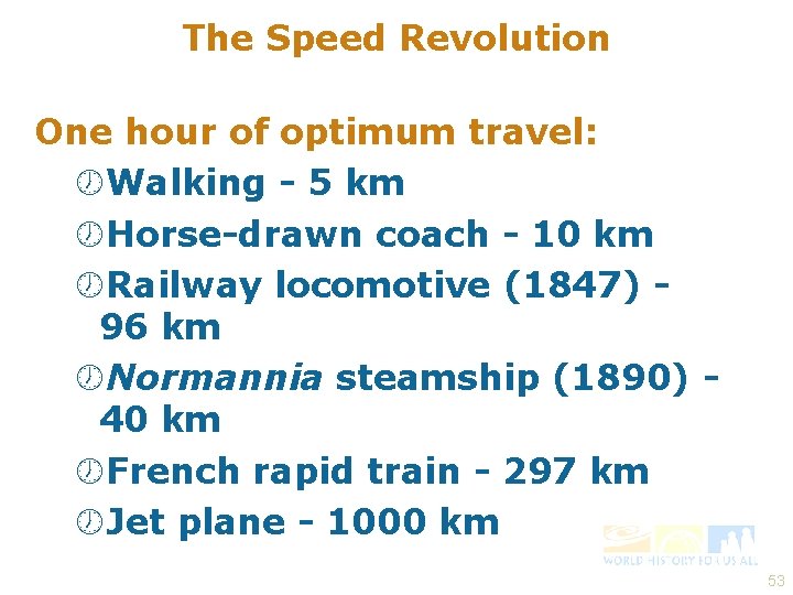 The Speed Revolution One hour of optimum travel: ½Walking - 5 km ½Horse-drawn coach