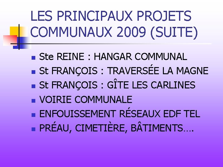 LES PRINCIPAUX PROJETS COMMUNAUX 2009 (SUITE) n n n Ste REINE : HANGAR COMMUNAL