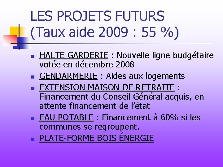 LES PROJETS FUTURS (Taux aide 2009 : 55 %) n n n HALTE GARDERIE