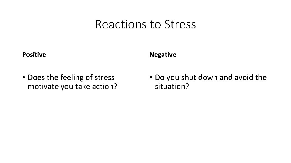 Reactions to Stress Positive Negative • Does the feeling of stress motivate you take