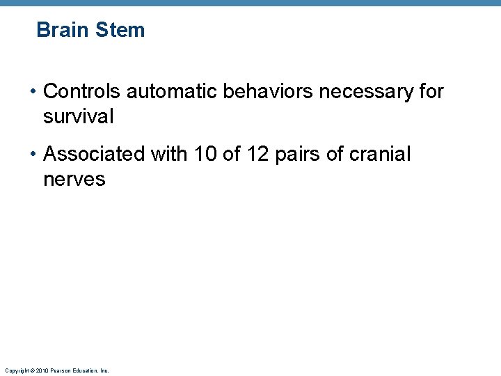 Brain Stem • Controls automatic behaviors necessary for survival • Associated with 10 of