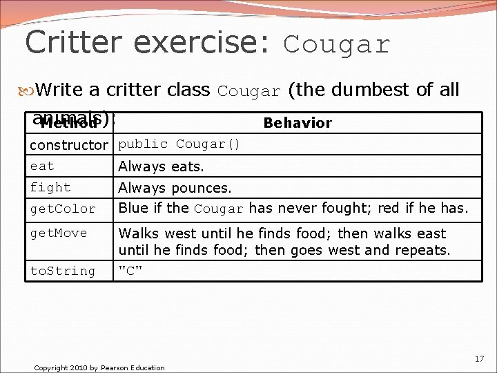 Critter exercise: Cougar Write a critter class Cougar (the dumbest of all animals): Method