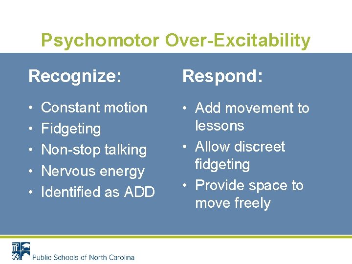 Psychomotor Over-Excitability Recognize: Respond: • • • Add movement to lessons • Allow discreet