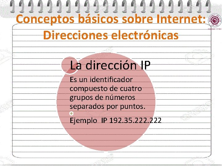 Conceptos básicos sobre Internet: Direcciones electrónicas La dirección IP Es un identificador compuesto de