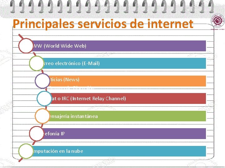 Principales servicios de internet WWW (World Wide Web) Correo electrónico (E-Mail) Noticias (News) •