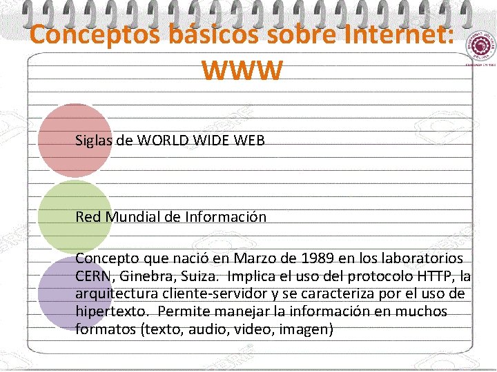 Conceptos básicos sobre Internet: WWW Siglas de WORLD WIDE WEB Red Mundial de Información