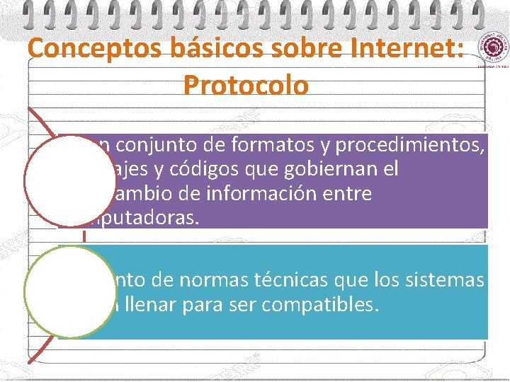 Conceptos básicos sobre Internet: Protocolo Es un conjunto de formatos y procedimientos, lenguajes y
