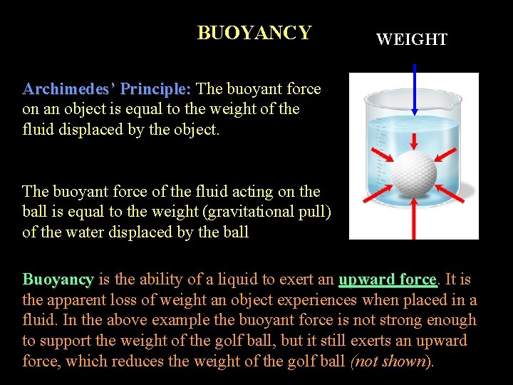 BUOYANCY WEIGHT Archimedes’ Principle: The buoyant force on an object is equal to the