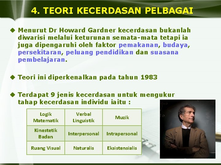 4. TEORI KECERDASAN PELBAGAI u Menurut Dr Howard Gardner kecerdasan bukanlah diwarisi melalui keturunan