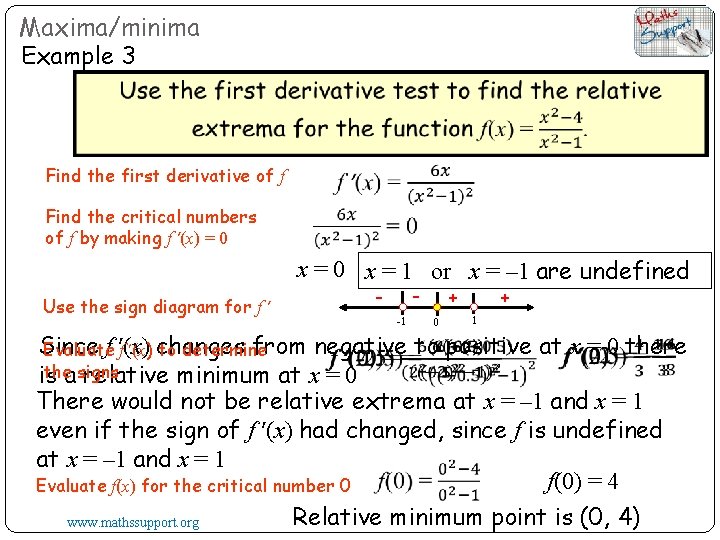 Maxima/minima Example 3 Find the first derivative of f Find the critical numbers of