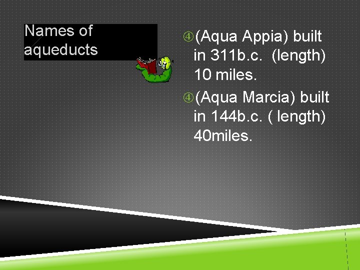 Names of aqueducts (Aqua Appia) built in 311 b. c. (length) 10 miles. (Aqua