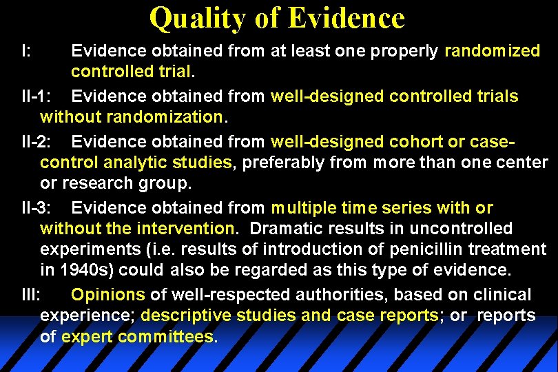 Quality of Evidence I: Evidence obtained from at least one properly randomized controlled trial.