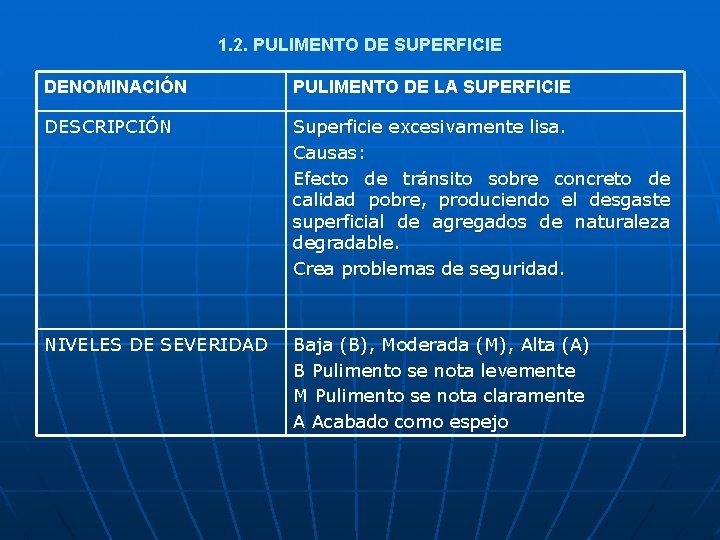 1. 2. PULIMENTO DE SUPERFICIE DENOMINACIÓN PULIMENTO DE LA SUPERFICIE DESCRIPCIÓN Superficie excesivamente lisa.