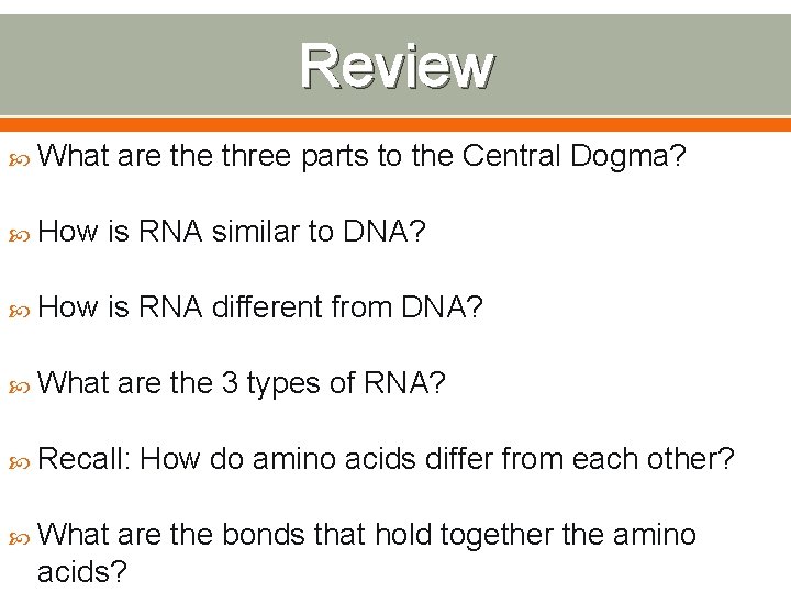 Review What are three parts to the Central Dogma? How is RNA similar to