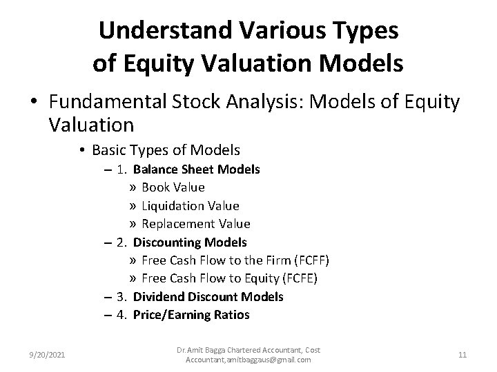 Understand Various Types of Equity Valuation Models • Fundamental Stock Analysis: Models of Equity