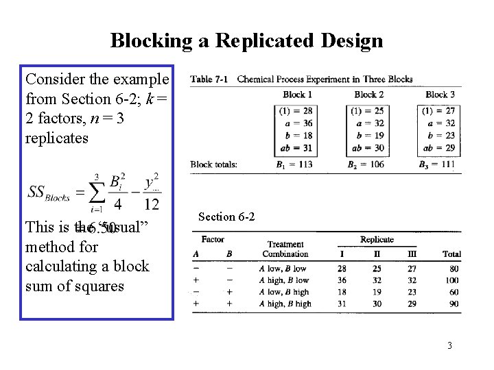 Blocking a Replicated Design Consider the example from Section 6 -2; k = 2 Blocking a Replicated Design Consider the example from Section 6 -2; k = 2