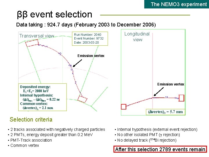 The NEMO 3 experiment ββ event selection Data taking : 924. 7 days (February