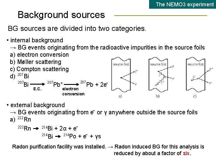 The NEMO 3 experiment Background sources BG sources are divided into two categories. •