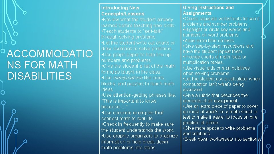 ACCOMMODATIO NS FOR MATH DISABILITIES Introducing New Concepts/Lessons • Review what the student already