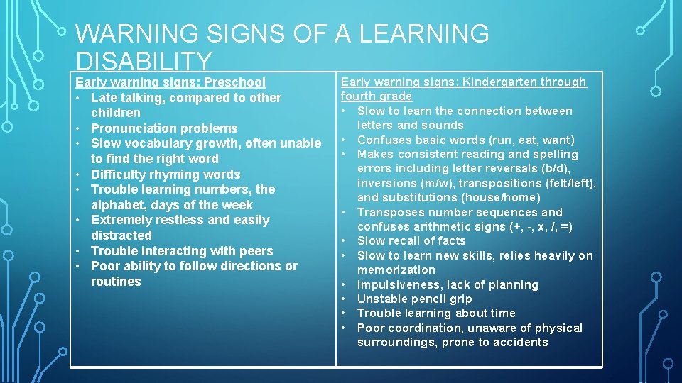 WARNING SIGNS OF A LEARNING DISABILITY Early warning signs: Preschool • Late talking, compared