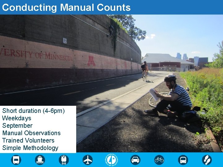 Conducting Manual Counts Short duration (4 -6 pm) Weekdays September Manual Observations Trained Volunteers