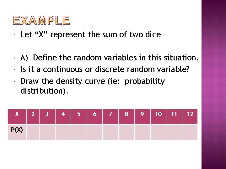 Let “X” represent the sum of two dice A) Define the random variables