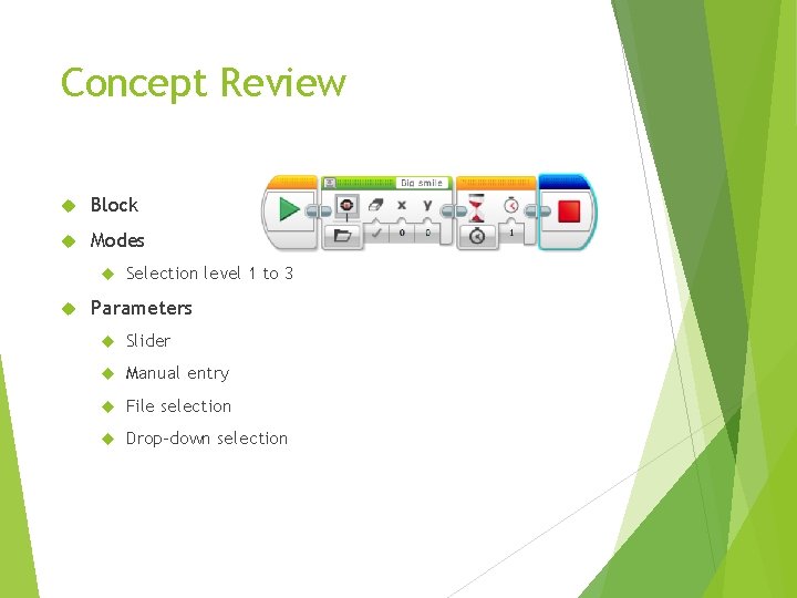 Concept Review Block Modes Selection level 1 to 3 Parameters Slider Manual entry File