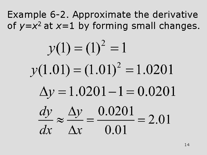 Example 6 -2. Approximate the derivative of y=x 2 at x=1 by forming small