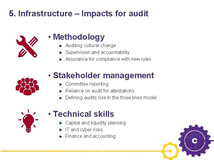 5. Infrastructure – Impacts for audit • Methodology Auditing cultural change Supervision and accountability