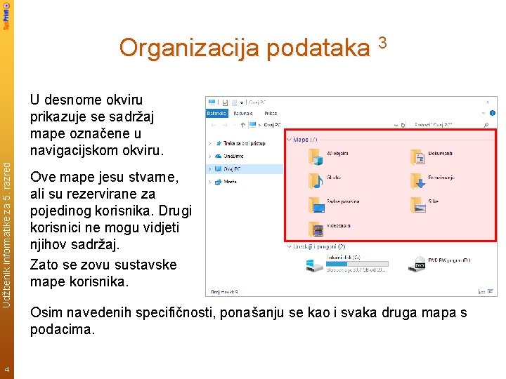 Organizacija podataka 3 Udžbenik informatike za 5. razred U desnome okviru prikazuje se sadržaj