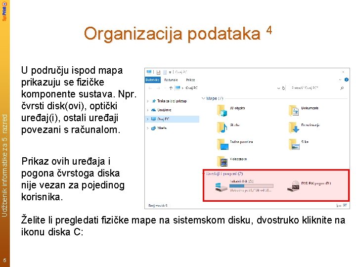 Udžbenik informatike za 5. razred Organizacija podataka 4 5 U području ispod mapa prikazuju