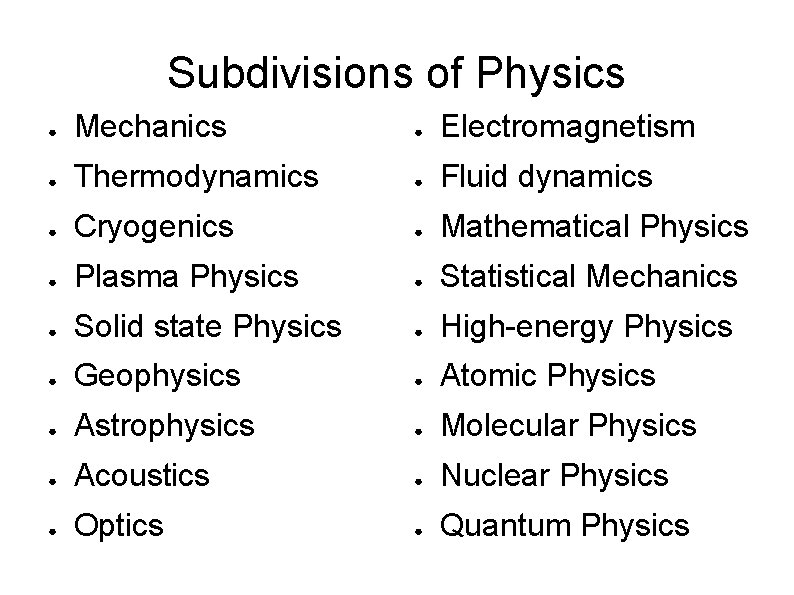 Subdivisions of Physics ● Mechanics ● Electromagnetism ● Thermodynamics ● Fluid dynamics ● Cryogenics