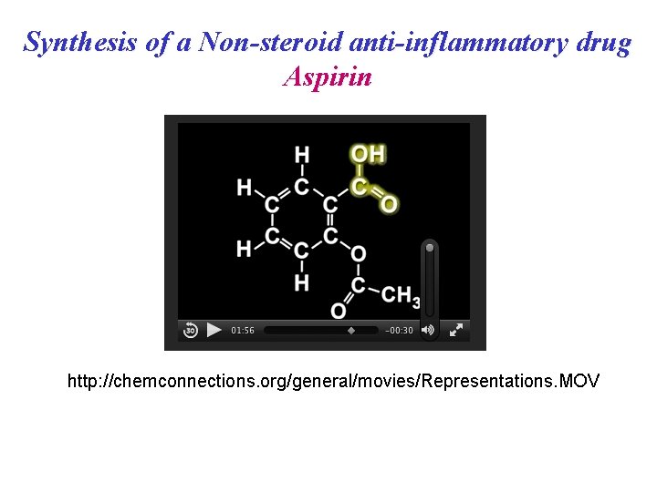 Synthesis of a Non-steroid anti-inflammatory drug Aspirin http: //chemconnections. org/general/movies/Representations. MOV 