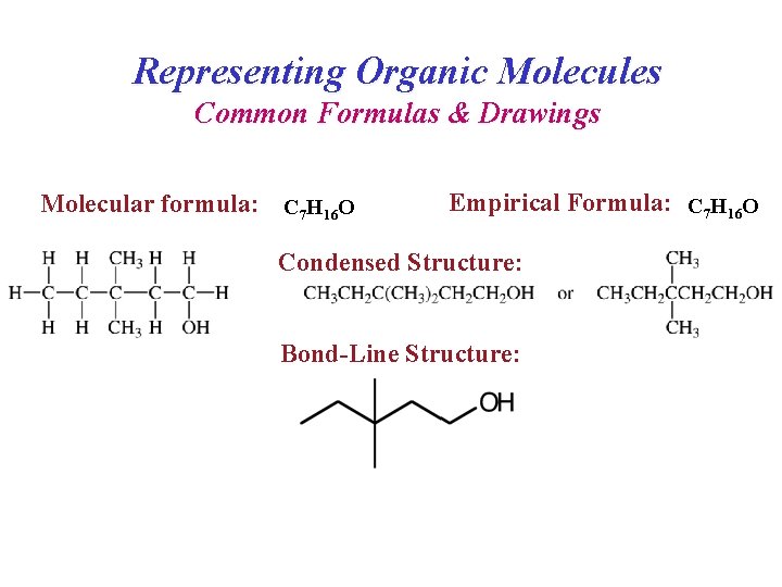 Representing Organic Molecules Common Formulas & Drawings Molecular formula: C 7 H 16 O