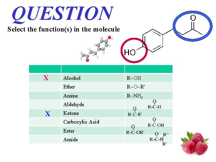 QUESTION Select the function(s) in the molecule X Alcohol R Ether R R Amine