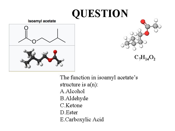 QUESTION C 7 H 14 O 2 The function in isoamyl acetate’s structure is