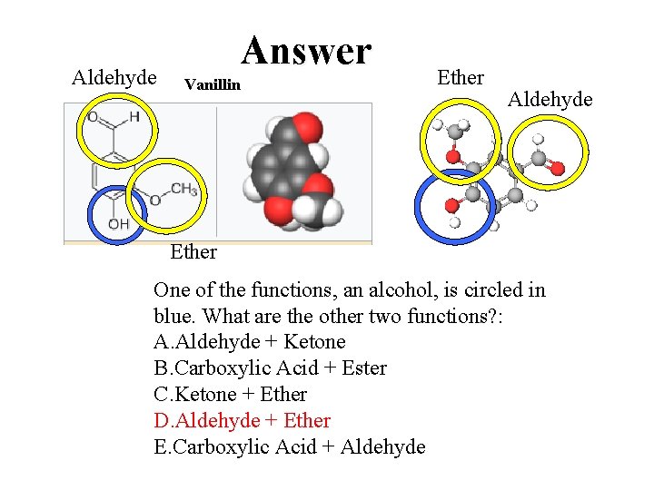 Aldehyde Answer Vanillin Ether Aldehyde Ether One of the functions, an alcohol, is circled