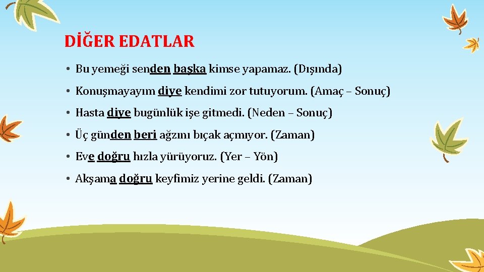 DİĞER EDATLAR • Bu yemeği senden başka kimse yapamaz. (Dışında) • Konuşmayayım diye kendimi