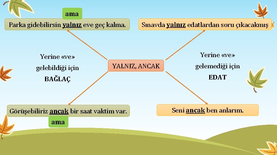 ama Parka gidebilirsin yalnız eve geç kalma. Sınavda yalnız edatlardan soru çıkacakmış Yerine «ve»