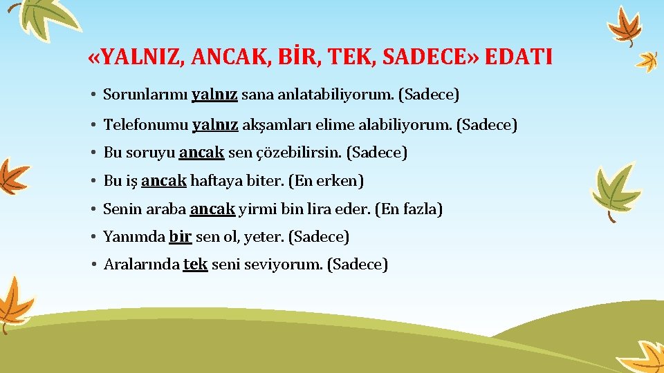  «YALNIZ, ANCAK, BİR, TEK, SADECE» EDATI • Sorunlarımı yalnız sana anlatabiliyorum. (Sadece) •