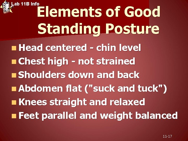 Lab 11 B Info Elements of Good Standing Posture n Head centered - chin